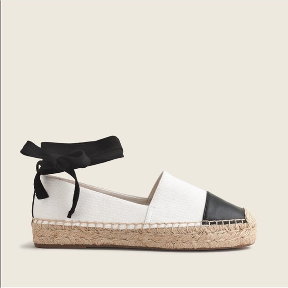 J.Crew Removable Ankle Tie espadrille white with black leather cap toe S6.5 NWOB - Picture 3 of 11
